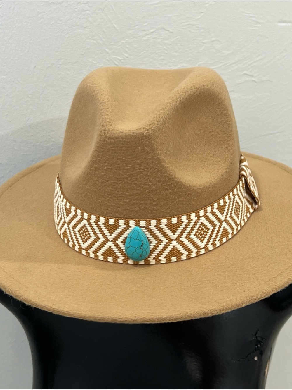 Tan Felt Fedora with Woven Band and Turquoise Accent - Picture 5 of 8